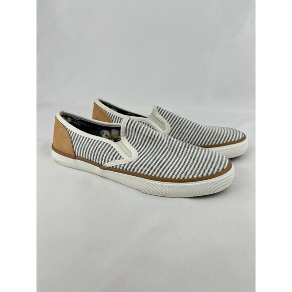 Margaritaville Shoes - Margaritaville Womens Blue Striped‎ Canvas Slip On Shoes Loafers Sneakers Sz 7.5